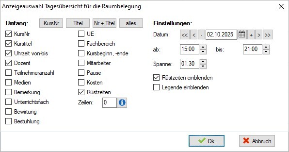 Dialog „Anzeigeauswahl Tagesübersicht für die Raumbelegung”: links die Umfang-Liste mit den angehakten Einträgen KursNr, Kurstitel, Uhrzeit von-bis, Dozent und Rüstzeiten, rechts der Block Einstellungen mit Datum 02.10.2025, ab 15:00, bis 21:00, Spanne 01:30 sowie den Kontrollkästchen „Rüstzeiten einblenden” (angehakt) und „Legende einblenden”
