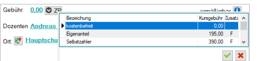 Anmeldemaske: Gebührenfeld mit ZP-Button und Popup-Auswahlliste mit den drei Zahlplänen kostenbefreit (0,00), Eigenanteil (195,00 F), Selbstzahler (390,00 F)