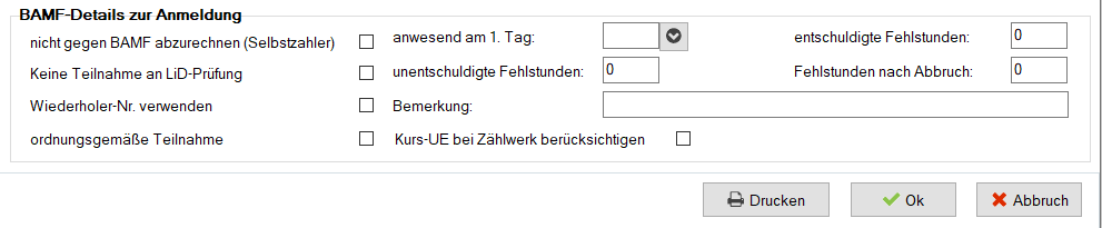 Bereich „BAMF-Details zur Anmeldung” mit den Checkboxen „nicht gegen BAMF abzurechnen (Selbstzahler)”, „Keine Teilnahme an LiD-Prüfung”, „Wiederholer-Nr. verwenden” und „ordnungsgemäße Teilnahme”, daneben „anwesend am 1. Tag”, „unentschuldigte Fehlstunden”, „Bemerkung”, „Kurs-UE bei Zählwerk berücksichtigen” sowie rechts „entschuldigte Fehlstunden” und „Fehlstunden nach Abbruch”