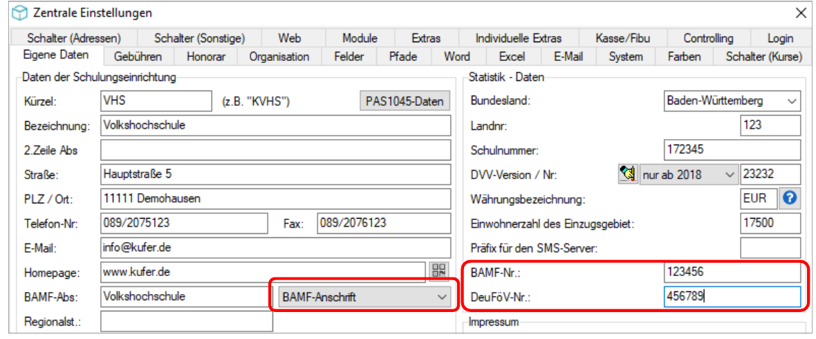 Reiter „Eigene Daten” der Zentralen Einstellungen; rot umrahmt sind die Auswahlliste BAMF-Anschrift (rechts neben dem Feld BAMF-Abs.) sowie die Felder BAMF-Nr. und DeuFöV-Nr.