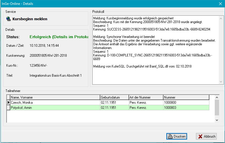 InGe-Online-Details-Fenster „Kursbeginn melden” mit Service-Name, Status „Erfolgreich (Details im Protokoll)”, Datum/Zeit, Kurskennung „2000051805-NW-281-2018”, Kurs-Nr., Titel „Integrationskurs Basis-Kurs Abschnitt 1”, Protokoll-Bereich rechts mit Erfolgsmeldung und Sequenz-Kennung und Teilnehmer-Tabelle unten mit zwei Beispieleinträgen (Czesch Monika und Potyskof Armin mit Pers.-Kennz.)