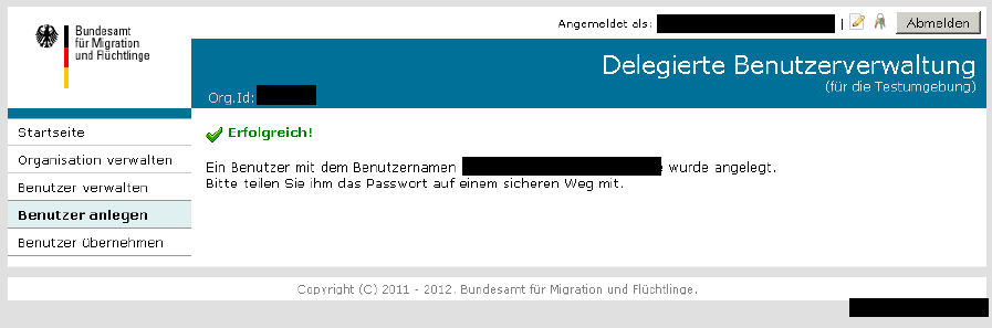 DeBeV-Web-Portal Screenshot mit der Bestätigung „Erfolgreich! Ein Benutzer mit dem Benutzernamen ... wurde angelegt. Bitte teilen Sie ihm das Passwort auf einem sicheren Weg mit.”