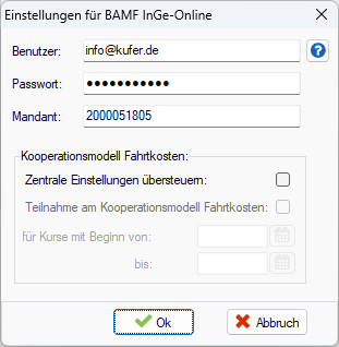 Dialog „Einstellungen für BAMF InGe-Online” mit den Eingabefeldern Benutzer (E-Mail-Adresse), Passwort und Mandant sowie dem Bereich „Kooperationsmodell Fahrtkosten” mit der Checkbox „Zentrale Einstellungen übersteuern”