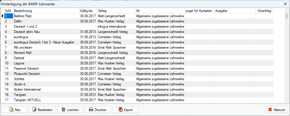 Übersicht „Hinterlegung der BAMF-Lehrwerke” in KuferSQL mit den Spalten Schl., Bezeichnung, Gültig bis, Verlag, Art, zugel. für Kursarten, Ausgabe und Vorschlag sowie Einträgen wie „Berliner Platz”, „Delfin” und „Tangram AKTUELL”