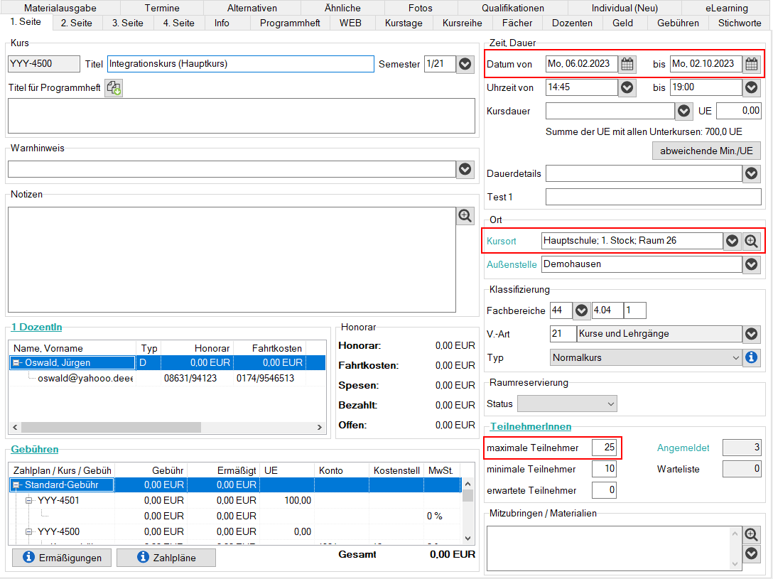 KuferSQL-Kursstamm 1. Seite mit hervorgehobenen Feldern „Datum von / bis”, „Kursort” und „maximale Teilnehmer”