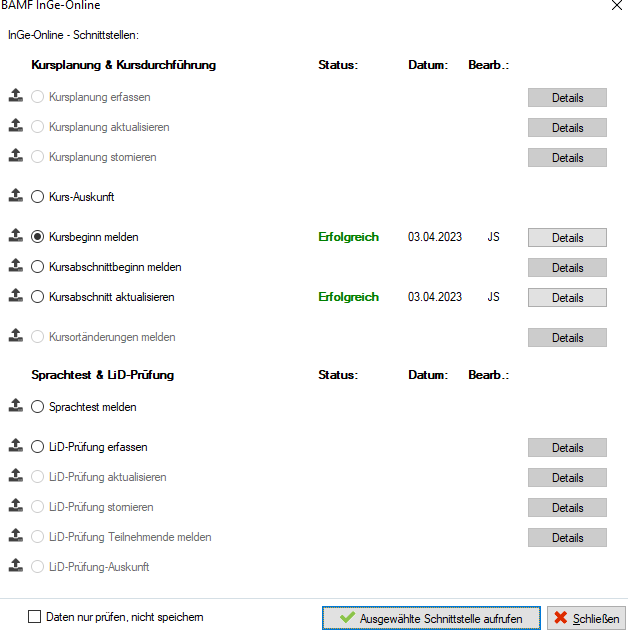 InGe-Online-Auswahldialog mit erfolgreich gemeldetem Kursbeginn („Erfolgreich 03.04.2023”) und hervorgehobenem Eintrag „Kursbeginn melden”, weiteren Optionen Kursabschnittbeginn/Aktualisieren/Kurs-Auskunft/Kursortänderungen sowie Optionen für Sprachtest und LiD-Prüfung