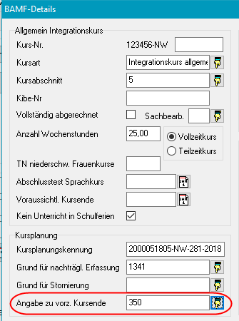 BAMF-Details-Ausschnitt mit Feld „Angabe zu vorz. Kursende” und ausgewähltem Schlüssel 350 sowie Kursplanungskennung im Kontext