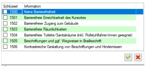 Auswahlliste mit den Spalten „Schlüssel” und „Information”, je Zeile eine Ankreuz-Box: 1500 Keine Barrierefreiheit (blau markiert), 1501 Barrierefreie Erreichbarkeit des Kursortes, 1502 Barrierefreier Zugang zum Gebäude, 1503 Barrierefreie Räumlichkeiten, 1504 Barrierefreie Toilette/Sanitärräume (inkl. Rollstuhlfahrer/innen geeignet), 1505 Beschriftungen und ggf. Wegweiser in Brailleschrift, 1506 Kontrastreiche Gestaltung von Beschriftungen und Hindernissen; rechts unten grüner Haken und rotes Kreuz