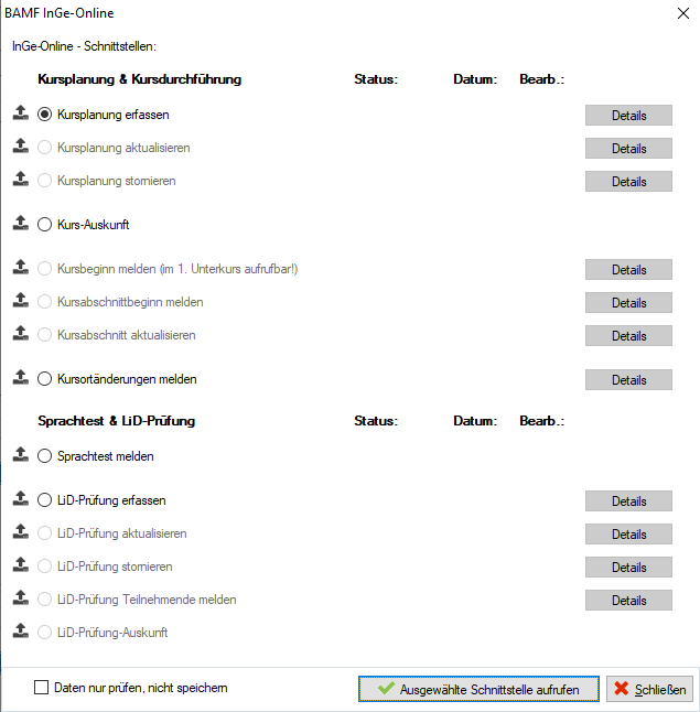 InGe-Online-Auswahldialog mit dem Abschnitt „Sprachtest & LiD-Prüfung” und den fünf Optionen LiD-Prüfung erfassen, aktualisieren, stornieren, Teilnehmende melden und LiD-Prüfung-Auskunft; die ersten vier haben jeweils einen „Details”-Button daneben, die Auskunft nicht