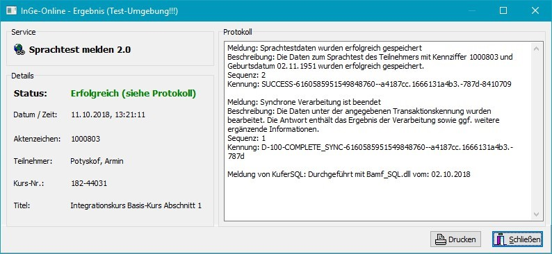 Ergebnis-Fenster „InGe-Online — Ergebnis (Test-Umgebung)” mit Service „Sprachtest melden 2.0”, Status „Erfolgreich (siehe Protokoll)”, Aktenzeichen, Teilnehmername, Kurs-Nr. und Titel sowie Protokoll mit SUCCESS-Kennung