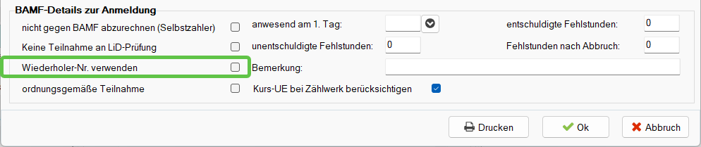BAMF-Details zur Anmeldung mit den Schaltern „nicht gegen BAMF abzurechnen (Selbstzahler)”, „Keine Teilnahme an LiD-Prüfung”, „Wiederholer-Nr. verwenden” (grün umrandet) und „ordnungsgemäße Teilnahme”