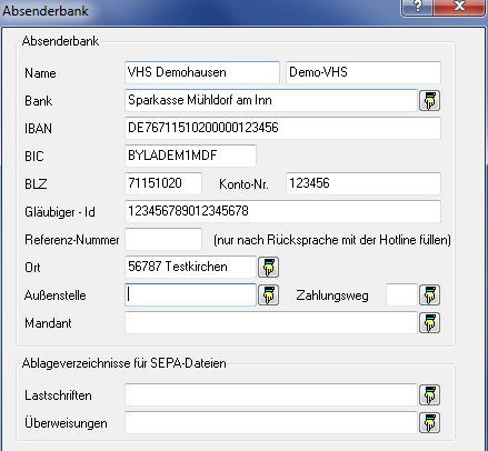 Dialog Absenderbank mit den Feldern Name, Bank, IBAN, BIC, BLZ, Konto-Nr., Gläubiger-Id, Referenz-Nummer, Ort, Außenstelle, Zahlungsweg und Mandant sowie der Gruppe Ablageverzeichnisse für SEPA-Dateien