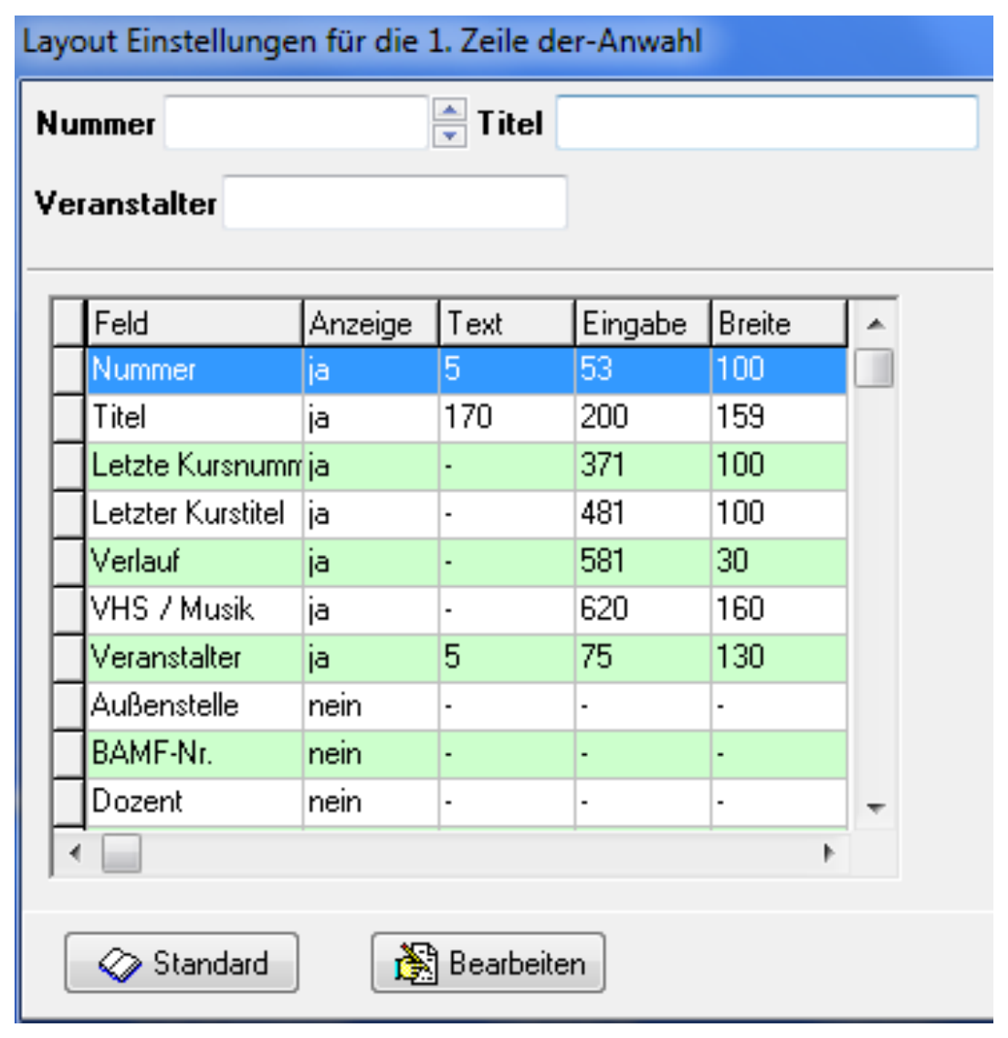 Dialog Layout Einstellungen für die 1. Zeile der Anwahl mit den Vorschaufeldern Nummer, Titel und Veranstalter sowie der Feldtabelle mit den Spalten Feld, Anzeige, Text, Eingabe und Breite; unten die Schaltflächen Standard und Bearbeiten