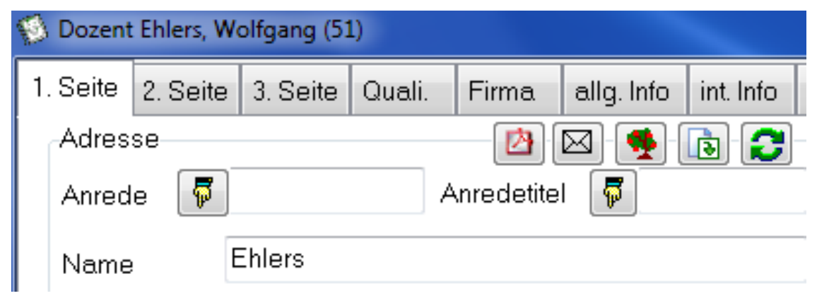 Erste Seite des Dozentenstamms von Ehlers, Wolfgang mit den Reitern 1. Seite bis int. Info, dem Feldbereich Adresse mit Anrede, Anredetitel und Name sowie der Symbolleiste mit PDF-, Mail- und Beziehungsbäumchen-Symbol