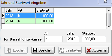 Fenster Jahr und Startwert eingeben mit den Spalten Jahr, Art und Startwert, zwei Zeilen für 2013 und 2014 sowie den Eingabefeldern für Art, Jahr und Startwert und den Schaltflächen Löschen, Speichern, Bearbeiten und Abbrechen