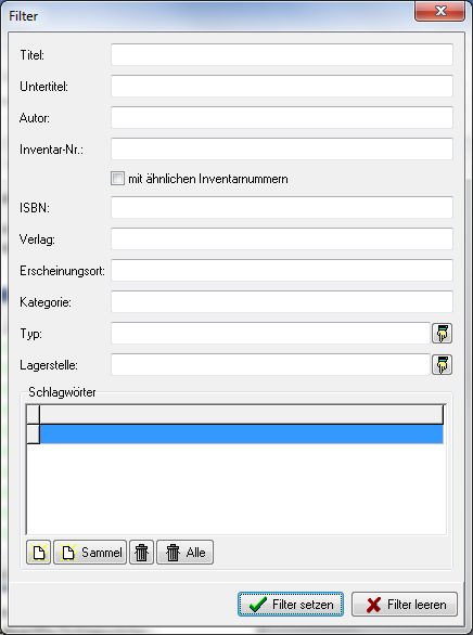Dialog Filter der Bibliotheksverwaltung mit Eingabefeldern für Titel, Untertitel, Autor, Inventar-Nr., ISBN, Verlag, Erscheinungsort, Kategorie, Typ und Lagerstelle, einem Kontrollkästchen mit ähnlichen Inventarnummern, einer Liste Schlagwörter und den Schaltflächen Filter setzen und Filter leeren