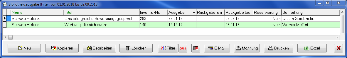 Übersichtsbildschirm des Bibliotheksverleihs mit zwei Ausleih-Zeilen, den Spalten Name, Titel, Inventar-Nr., Ausgabe, Rückgabe am, Rückgabe bis, Reservierung und Bemerkung sowie den Schaltflächen Neu, Kopieren, Bearbeiten, Löschen, Filter, E-Mail, Mahnung, Drucken und Excel