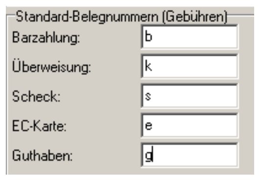 Block Standard-Belegnummern (Gebühren) mit den Feldern Barzahlung, Überweisung, Scheck, EC-Karte und Guthaben