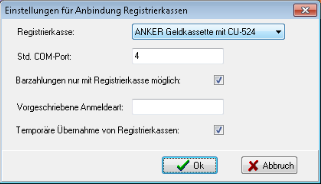 Dialog Einstellungen für Anbindung Registrierkassen mit Auswahlliste Registrierkasse, Feld Std. COM-Port, Kontrollkästchen Barzahlungen nur mit Registrierkasse möglich, Feld Vorgeschriebene Anmeldeart und Kontrollkästchen Temporäre Übernahme von Registrierkassen