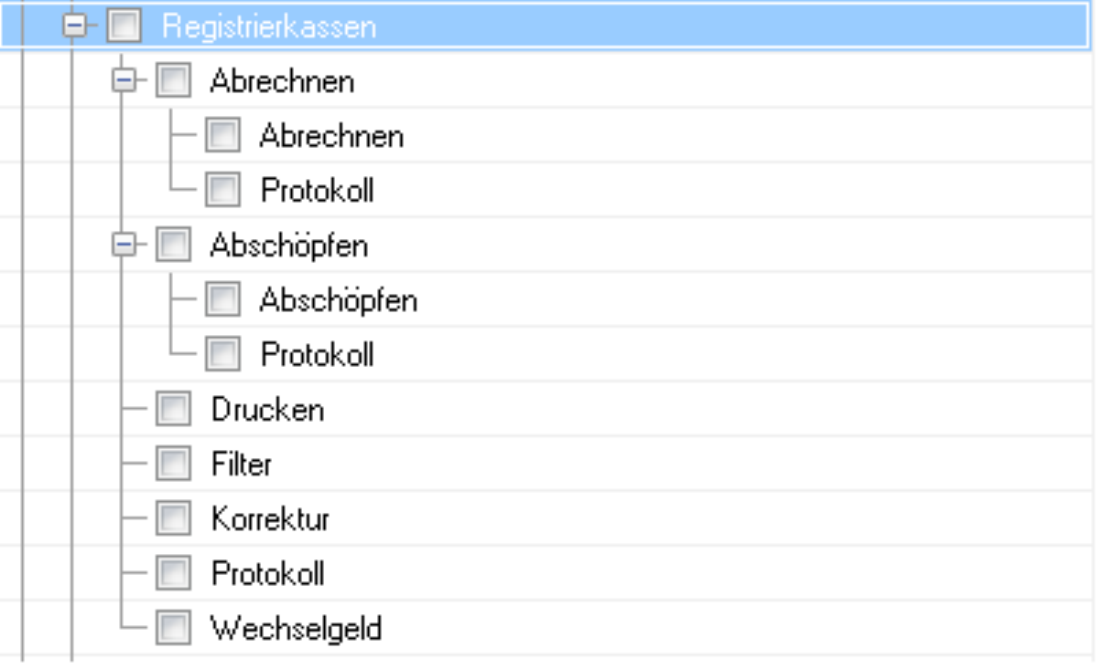 Rechte-Baum mit dem Knoten Registrierkassen und den Unterknoten Abrechnen mit Abrechnen und Protokoll, Abschöpfen mit Abschöpfen und Protokoll sowie Drucken, Filter, Korrektur, Protokoll und Wechselgeld
