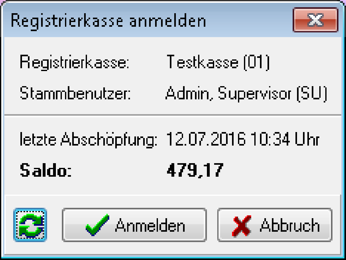 Dialog Registrierkasse anmelden im Kassenwechsel-Modus mit den Angaben Registrierkasse Testkasse 01, Stammbenutzer Admin Supervisor SU, letzter Abschöpfung und Saldo sowie einer zusätzlichen quadratischen Schaltfläche mit zwei kreisförmig angeordneten grünen Pfeilen links neben Anmelden und Abbruch