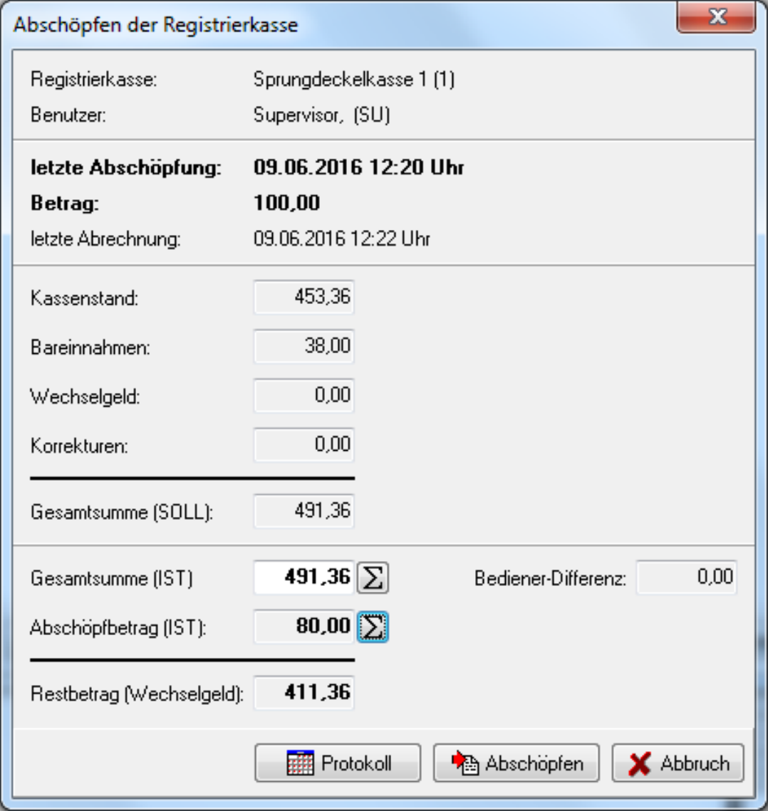 Dialog Abschöpfen der Registrierkasse mit Kopfangaben zu Kasse und Benutzer, letzter Abschöpfung und Abrechnung sowie den Feldern Kassenstand, Bareinnahmen, Wechselgeld, Korrekturen, Gesamtsumme SOLL, Gesamtsumme IST, Bediener-Differenz, Abschöpfbetrag IST und Restbetrag Wechselgeld