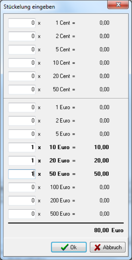 Dialog Stückelung eingeben mit je einer Eingabezeile für 1 Cent bis 500 Euro, den daraus errechneten Teilsummen und der Gesamtsumme am unteren Rand