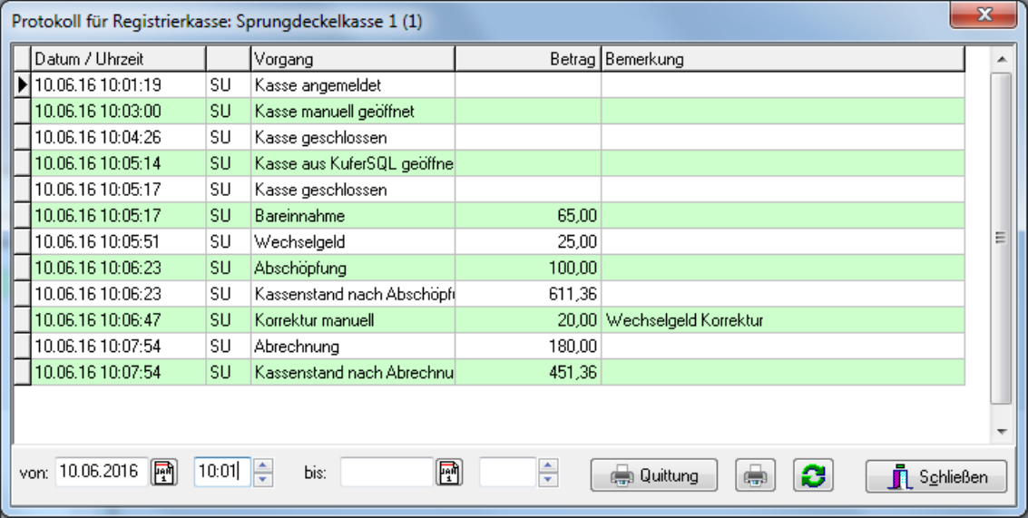 Fenster Protokoll für Registrierkasse mit den Spalten Datum Uhrzeit, Benutzerkürzel, Vorgang, Betrag und Bemerkung, Zeitraumfeldern von und bis sowie den beschrifteten Schaltflächen Quittung und Schließen und zwei unbeschrifteten Symbol-Schaltflächen (Drucker-Symbol und grüner Doppelpfeil-Kreis)