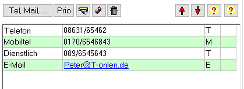 Kommunikationsblock der Stammdaten mit der Kopfzeile Tel, Mail, … und den Zeilen Telefon, Mobiltel, Dienstlich und E-Mail samt Rufnummern und Typkennzeichen T, M und E