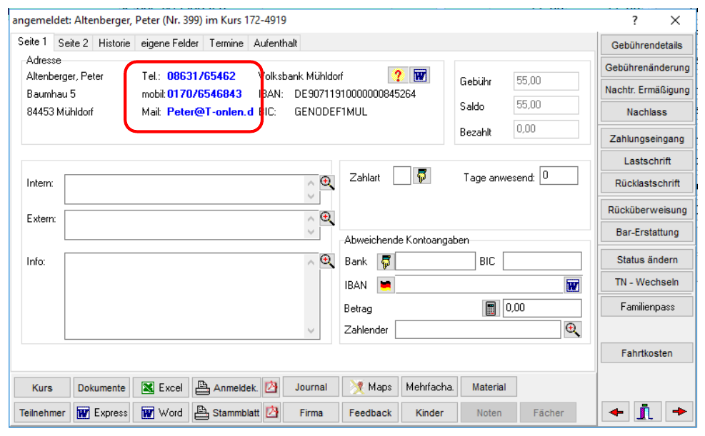 Belegungsdetail-Fenster angemeldet: Altenberger, Peter (Nr. 399) im Kurs 172-4919 mit dem rot umrandeten Adressblock, in dem Tel., mobil und Mail stehen, darunter die Bereiche Intern, Extern und Info sowie rechts die Schaltflächen von Gebührendetails bis Fahrtkosten