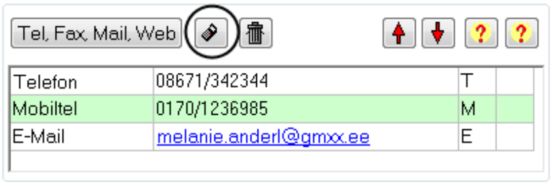 Kommunikationsblock mit der Schaltfläche Tel, Fax, Mail, Web, dem schwarz umkreisten SMS-Symbol und den Zeilen Telefon, Mobiltel und E-Mail