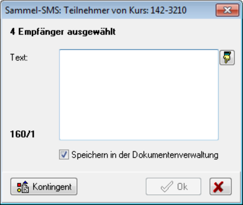 Dialog Sammel-SMS: Teilnehmer von Kurs: 142-3210 mit dem Hinweis 4 Empfänger ausgewählt, leerem Textfeld, dem Zähler 160/1 und dem Kontrollkästchen Speichern in der Dokumentenverwaltung