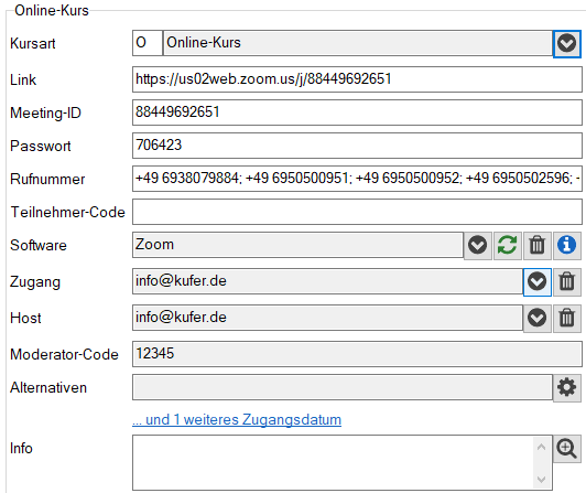 Box Online-Kurs auf der 3. Seite mit gefüllten Feldern Link, Meeting-ID, Passwort, Rufnummer, Software mit dem Wert Zoom, Zugang, Host und Moderator-Code sowie dem blauen Schriftzug und 1 weiteres Zugangsdatum unterhalb des Feldes Alternativen