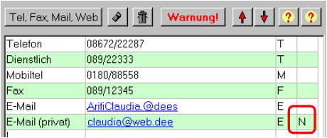 Kommunikationsblock der Stammdaten mit der Schaltfläche Tel, Fax, Mail, Web und den Zeilen Telefon, Dienstlich, Mobiltel, Fax, E-Mail und E-Mail privat; in der rechten Spalte der letzten Zeile steht ein rot umrandetes N