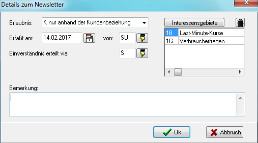 Dialog Details zum Newsletter mit den Feldern Erlaubnis, Erfaßt am, von, Einverständnis erteilt via und Bemerkung sowie rechts der Liste Interessensgebiete mit zwei Einträgen und einem Papierkorb-Symbol