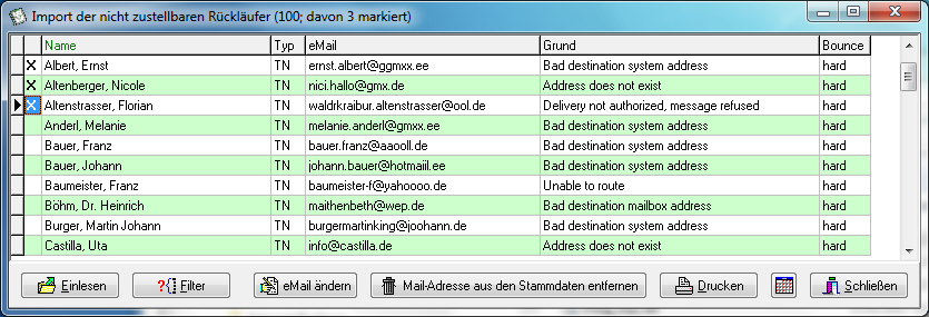 Fenster Import der nicht zustellbaren Rückläufer mit 100 Datensätzen, davon 3 markiert; Spalten Name, Typ, eMail, Grund und Bounce sowie die Schaltflächen Einlesen, Filter, eMail ändern, Mail-Adresse aus den Stammdaten entfernen, Drucken und Schließen
