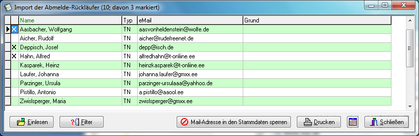 Fenster Import der Abmelde-Rückläufer mit 10 Datensätzen, davon 3 markiert; Spalten Name, Typ, eMail und Grund sowie die Schaltflächen Einlesen, Filter, Mail-Adresse in den Stammdaten sperren, Drucken und Schließen