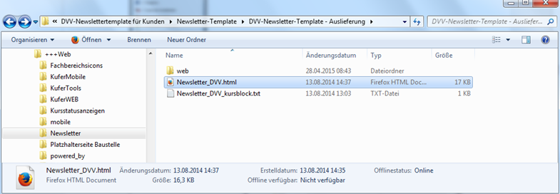 Windows-Explorer im Ordner DVV-Newsletter-Template - Auslieferung mit dem Unterordner web und den Dateien Newsletter_DVV.html und Newsletter_DVV_kursblock.txt; nur Newsletter_DVV.html ist blau markiert, unten zeigt die Detailleiste deren Daten