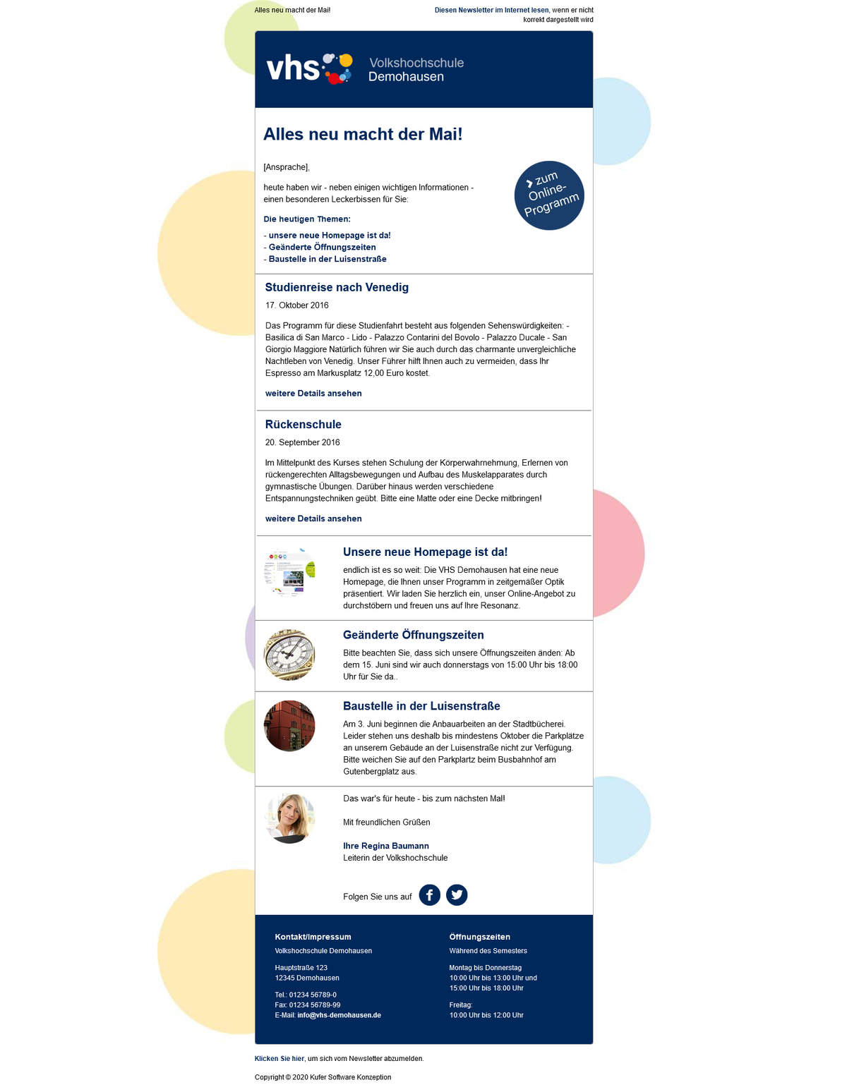 Newsletter mit weißem Hintergrund, farbigen Kreisformen am Rand, dem vhs-Logo der Volkshochschule Demohausen auf dunkelblauem Kopfbereich, zwei Kursvorstellungen als Textblöcke, drei bebilderten Meldungen und einem dunkelblauen Fußbereich mit Kontakt und Öffnungszeiten