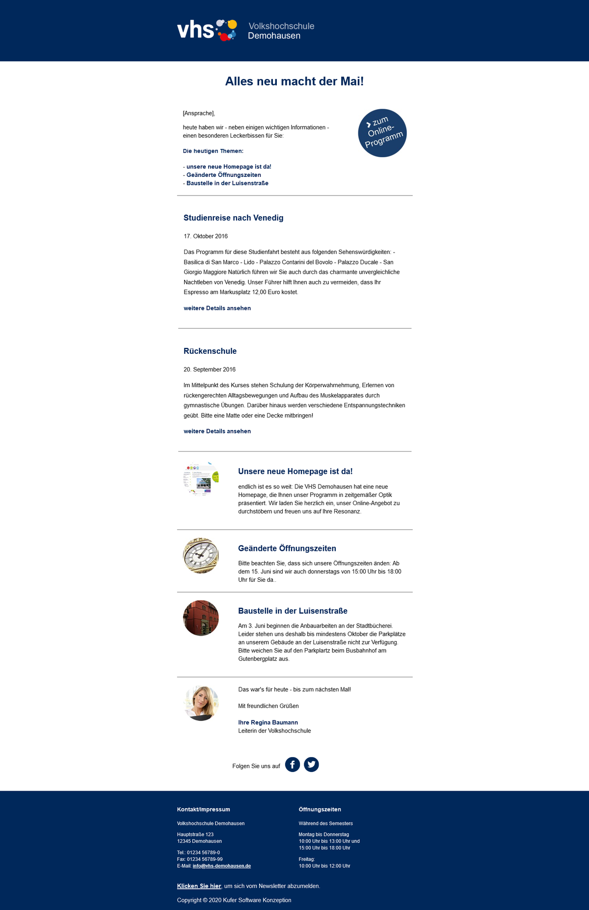 Newsletter mit seitenbreitem dunkelblauem Kopf- und Fußbereich, dem vhs-Logo oben links, zentrierter Überschrift, zwei Kursvorstellungen als Textblöcke und drei bebilderten Meldungen