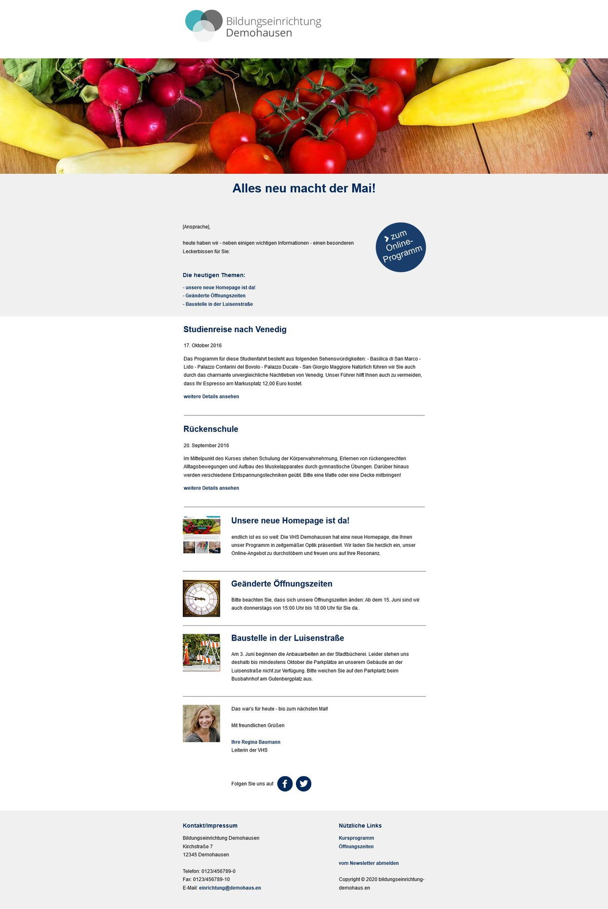 Newsletter mit einem breiten Foto von Gemüse unter dem Kopfbereich, dem Logo der Bildungseinrichtung Demohausen, zwei Kursvorstellungen, drei bebilderten Meldungen und einem hellgrauen Fußbereich mit Kontakt und nützlichen Links