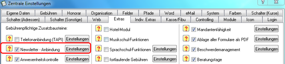 Karteikarte Extras der Zentralen Einstellungen mit der Überschrift Gebührenpflichtige Zusatzbausteine; der Eintrag Newsletter - Anbindung samt zugehöriger Schaltfläche Einstellungen ist rot umrandet