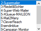 Aufgeklappte Auswahlliste des Feldes Newsletter-System mit den Einträgen 2-Supermailer, 3-Riedel&Eichler, 4-Super-Web-Mailer, 5-XQueue-MAILEON, 6-Mail2Many, 7-CleverReach, 8-sendinblue und 9-Campaign Monitor