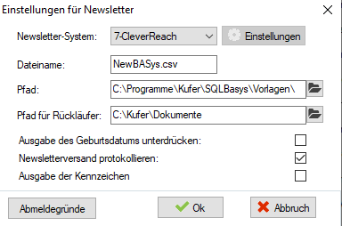 Dialog Einstellungen für Newsletter mit dem gewählten System 7-CleverReach, ausgegrauter Schaltfläche Einstellungen, dem Dateinamen NewBASys.csv und der zusätzlichen Zeile Ausgabe der Kennzeichen