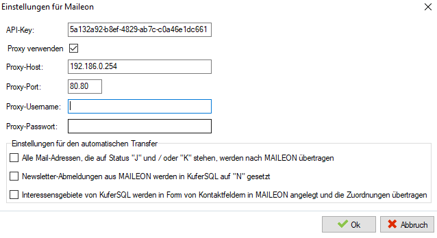 Dialog Einstellungen für Maileon mit den Feldern API-Key, Proxy verwenden, Proxy-Host, Proxy-Port, Proxy-Username und Proxy-Passwort sowie der Gruppe Einstellungen für den automatischen Transfer mit drei Kontrollkästchen