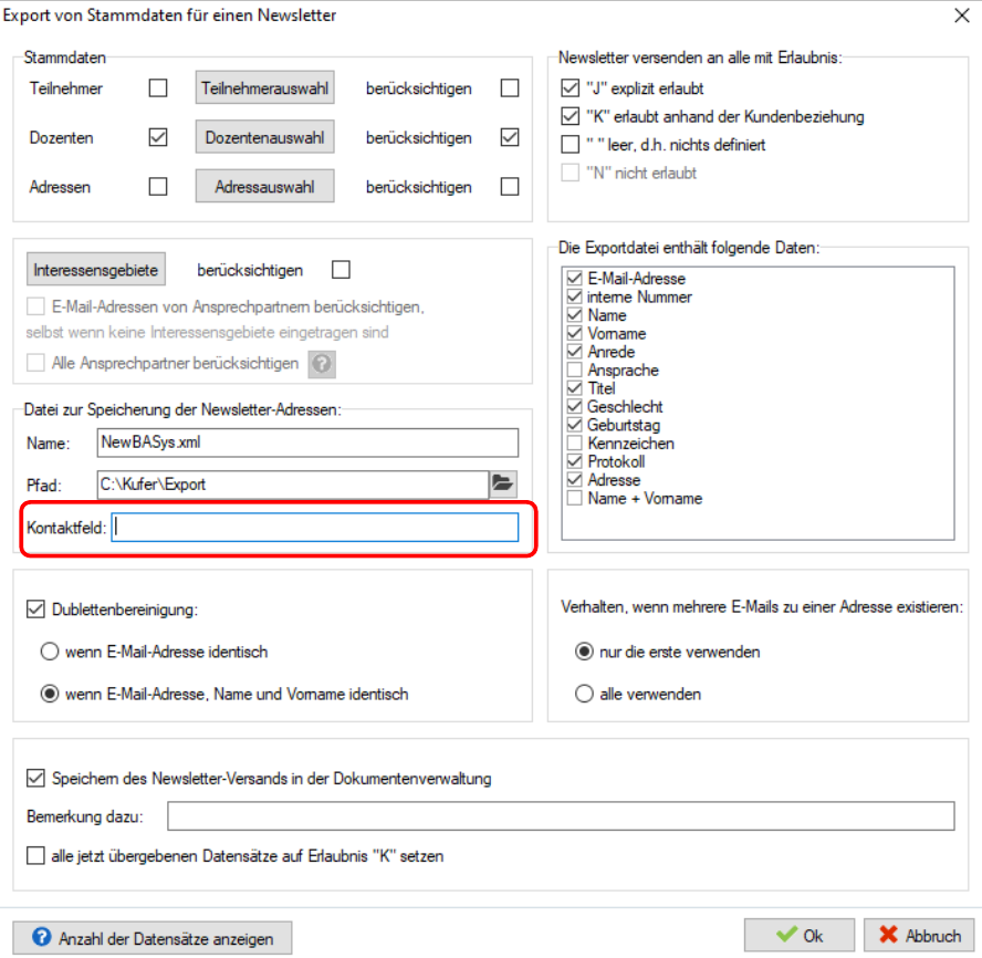 Dialog Export von Stammdaten für einen Newsletter in der flachen Windows-10-Optik mit dem rot umrandeten Eingabefeld Kontaktfeld unterhalb von Name und Pfad; rechts die Erlaubnis-Kästchen und die Feldliste der Exportdatei