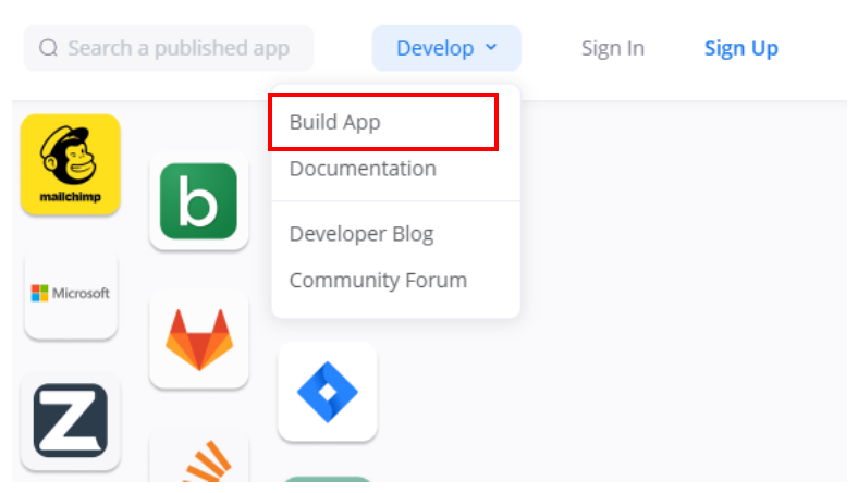 Zoom App Marketplace mit geöffnetem Menü Develop, in dem der Eintrag Build App rot umrandet ist; darunter der Eintrag Documentation sowie Developer Blog und Community Forum