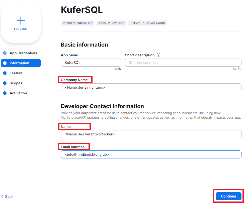 Bildschirm Basic information der App KuferSQL mit den Feldern App name und Short description sowie den rot umrandeten Beschriftungen Company Name, Name und Email address unter Developer Contact Information und der rot umrandeten Schaltfläche Continue