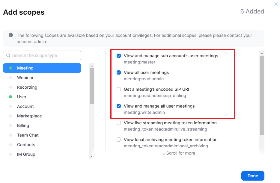 Dialog Add scopes mit der linken Bereichsliste, in der Meeting markiert ist, und einem roten Kasten um vier untereinander liegende Zeilen: gesetzte Haken bei View and manage sub account’s user meetings und View all user meetings, danach die nicht gesetzte Berechtigung Get a meeting’s encoded SIP URI und darunter der gesetzte Haken bei View and manage all user meetings
