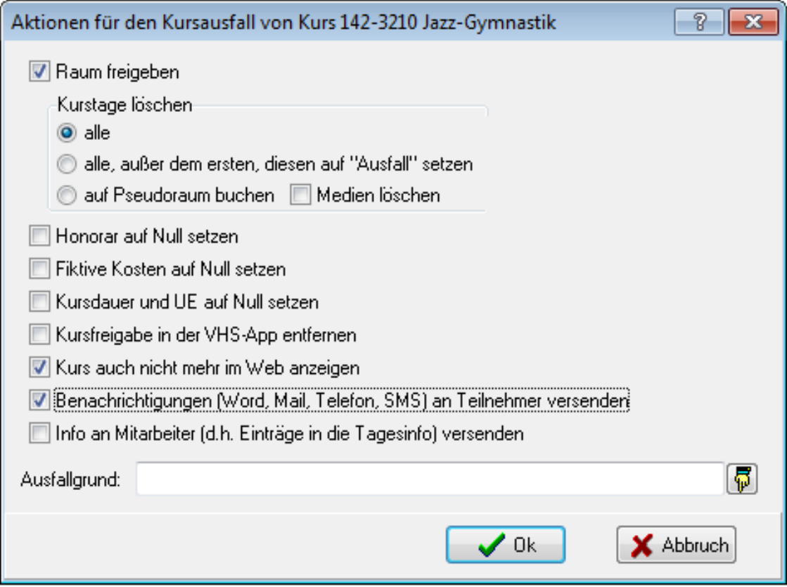 Dialog Aktionen für den Kursausfall von Kurs 142-3210 Jazz-Gymnastik mit den Optionen Raum freigeben, Kurstage löschen, Honorar auf Null setzen sowie dem markierten Kontrollkästchen Benachrichtigungen (Word, Mail, Telefon, SMS) an Teilnehmer versenden und dem Feld Ausfallgrund